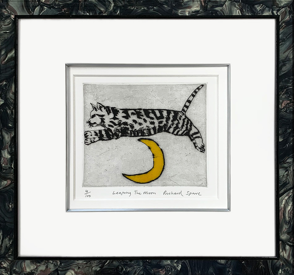 リチャード・スペア 版画額装品(ドライポイント＋手彩) 月を飛ぶ猫 